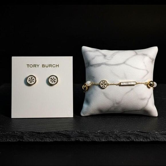 Tory Burch Jewelry - Tory Burch gold icon white enamel 2 piece set